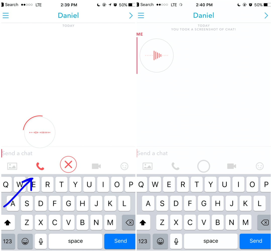 Στο Snapchat, κρατήστε πατημένο το εικονίδιο του τηλεφώνου για να εγγράψετε ένα φωνητικό μήνυμα που θα βλέπει ο πελάτης σας την επόμενη φορά που θα συνδεθεί.