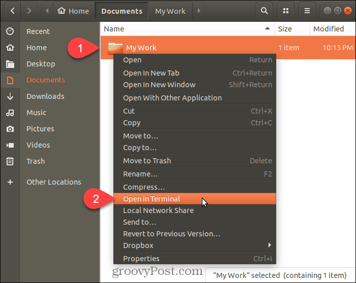 Επιλέξτε Open in Terminal στο Ubuntu Linux