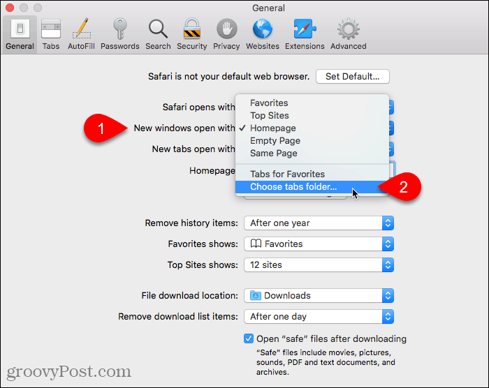 Επιλέξτε το φάκελο Επιλογή καρτελών για να ανοίξετε τα νέα παράθυρα με τη ρύθμιση στο Safari σε Mac