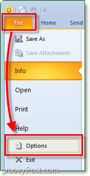 στο Microsoft Outlook 2010, κάντε κλικ στην κορδέλα αρχείου για να μπείτε στο σκηνικό και, στη συνέχεια, κάντε κλικ στο κουμπί επιλογών