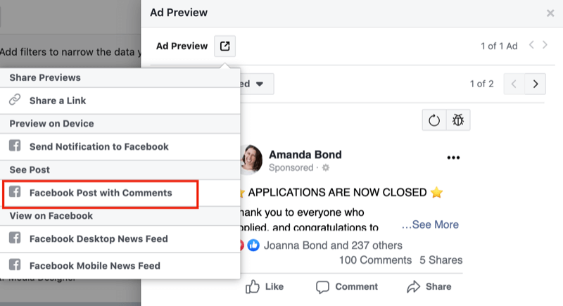 βήμα 1 του τρόπου ελέγχου αρνητικών σχολίων για διαφημίσεις στο Facebook