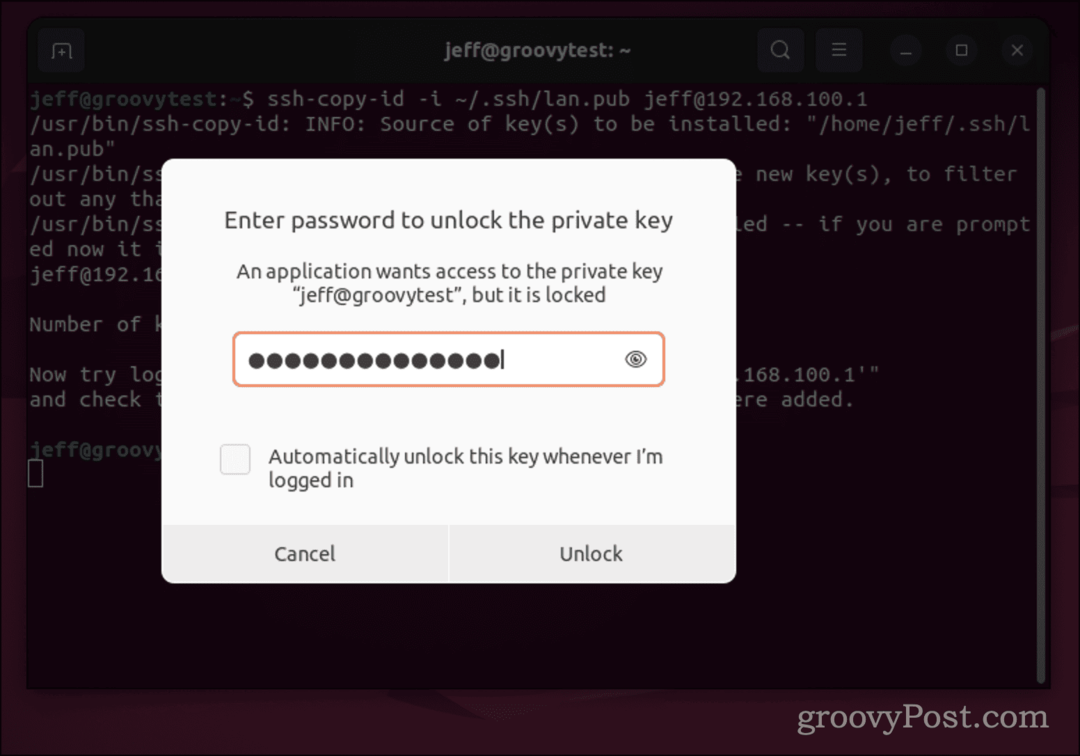 Διάλογος κωδικού πρόσβασης Ubuntu για κλειδί SSH