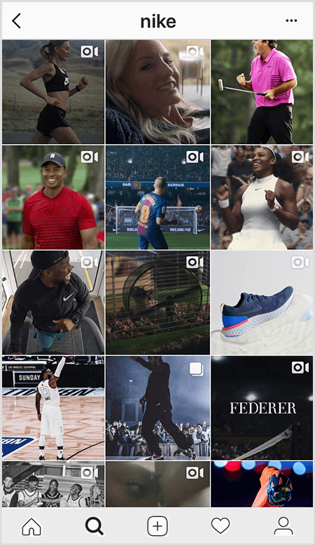 Οι αναρτήσεις του Nike Instagram διαθέτουν πλέγμα αθλητών που φορούν γρανάζια Nike, αλλά λίγες εικόνες στη ροή έχουν κείμενο.