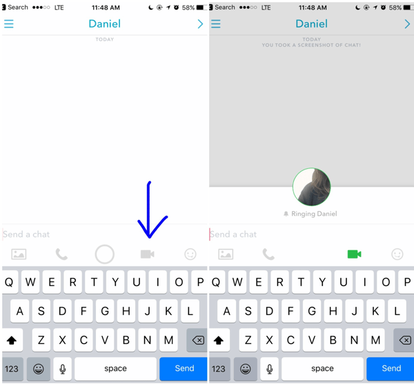 Για να πραγματοποιήσετε μια βιντεοκλήση Snapchat, πατήστε το εικονίδιο βίντεο στην ανοιχτή συνομιλία σας με έναν πελάτη.