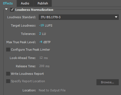 Χρησιμοποιώ αυτές τις ρυθμίσεις κανονικοποίησης έντασης κατά την εξαγωγή του αρχείου ήχου μου στο Adobe Premiere.
