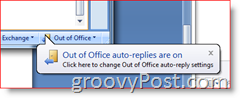 Κάτω δεξιά γωνία του Outlook 2007 - Υπενθύμιση ενεργοποιημένη αυτόματη απάντηση εκτός γραφείου