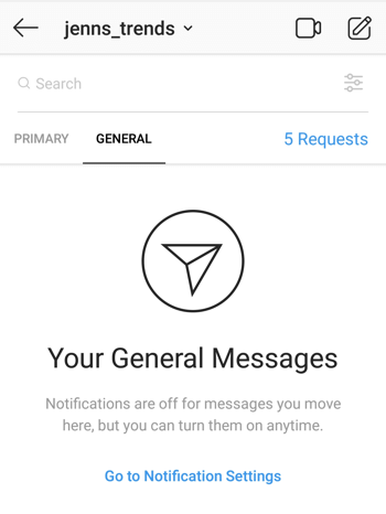 Προβολή μηνυμάτων στο Instagram Creator Profile Direct Messages Inbox.