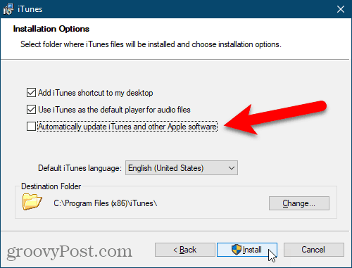 Καταργήστε την επιλογή του Automatic update of iTunes
