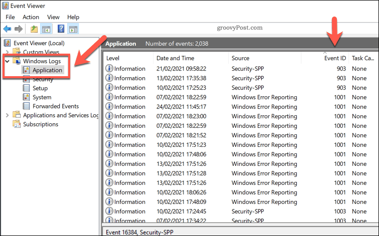 Μια λίστα των εφαρμογών των Windows καταγράφεται στο Event Viewer