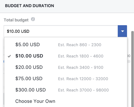 Μπορείτε να ορίσετε με μη αυτόματο τρόπο έναν προϋπολογισμό για την ανάρτησή σας στο Facebook.