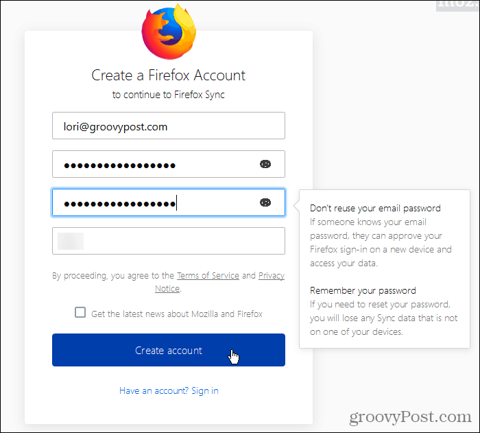 Δημιουργήστε έναν λογαριασμό συγχρονισμού Firefox