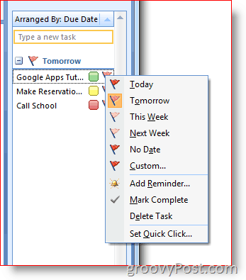 Γραμμή υποχρεώσεων του Outlook 2007 - Κάντε δεξί κλικ στη Σημαία για το μενού επιλογών