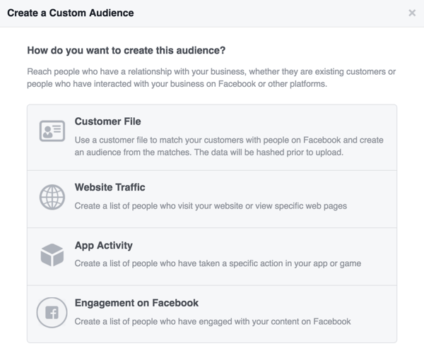 Επιλέξτε την πηγή που θέλετε να χρησιμοποιήσετε για το προσαρμοσμένο κοινό σας στο Facebook.