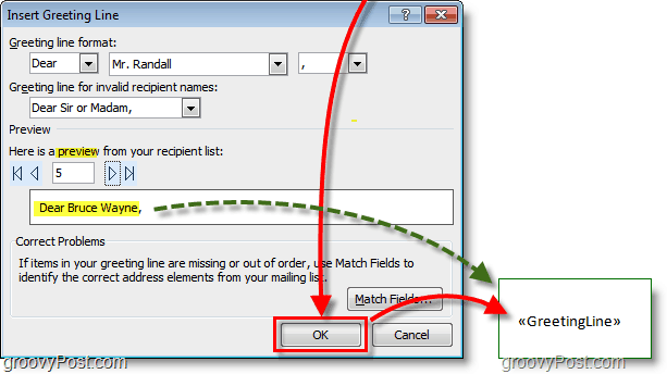 Πρόγραμμα οθόνης του Outlook 2010 - απενεργοποιήστε τις προεπιλεγμένες επιλογές γραμμής χαιρετισμού και κάντε κλικ στο ok, εμφανίζεται επίσης μια προεπισκόπηση