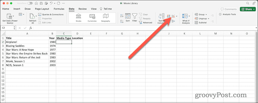 Κουμπί επικύρωσης δεδομένων στην κορδέλα δεδομένων στο Excel