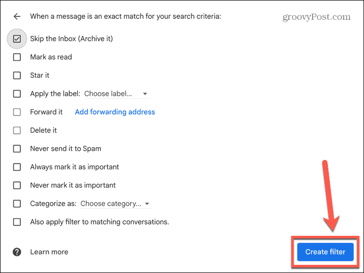 κουμπί δημιουργίας φίλτρου gmail