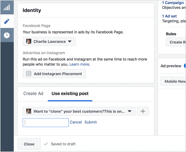 Επιλέξτε Χρήση υπάρχουσας ανάρτησης και εισαγάγετε το αναγνωριστικό ανάρτησης Facebook.