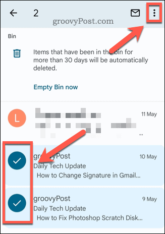 Επιλογή email στον φάκελο απορριμμάτων του Gmail