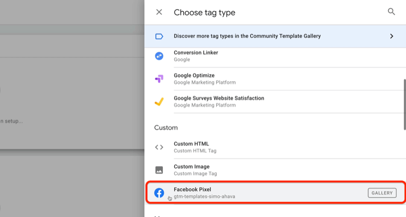 παράδειγμα google tag manager new tag με το μενού select tag type και την επιλογή pixel facebook που επισημαίνεται στην προσαρμοσμένη ενότητα