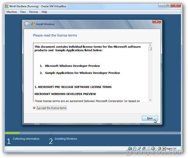 Το VirtualBox Windows 8 eula δέχεται άδεια