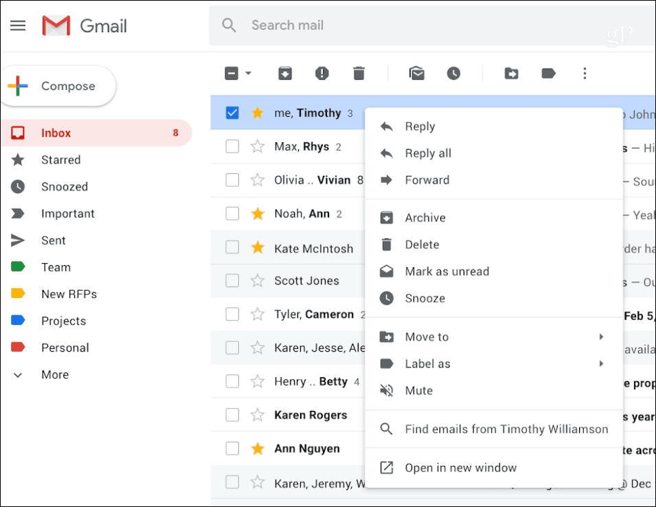 Gmail δεξί κλικ μενού περιβάλλοντος