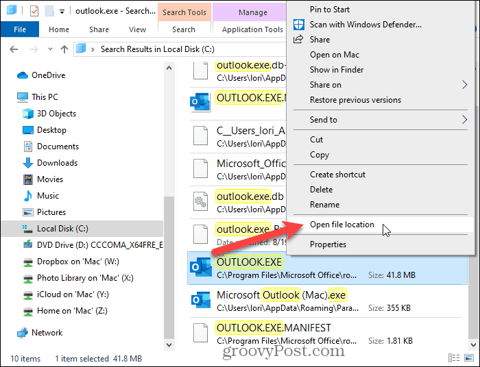 Επιλέξτε Ανοίξτε την τοποθεσία του αρχείου στο File Explorer