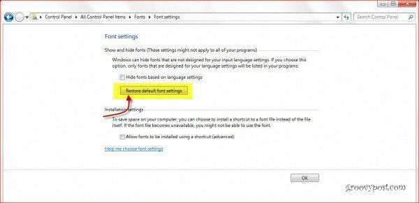 Επαναφορά των γραμματοσειρών των Windows 7 στις προεπιλεγμένες ρυθμίσεις