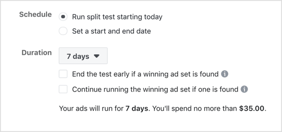 Επιλέξτε Εκτέλεση δοκιμής Split Test Start Today για δοκιμή split Facebook.