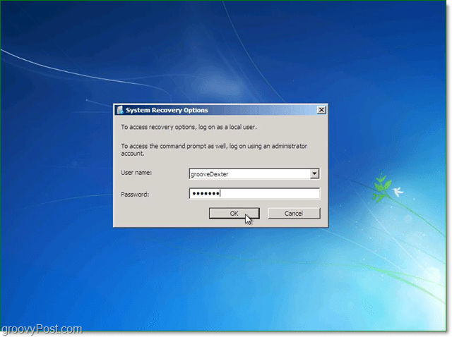 πληκτρολογήστε το όνομα χρήστη και τον κωδικό πρόσβασης για την αποκατάσταση συστήματος των Windows 7