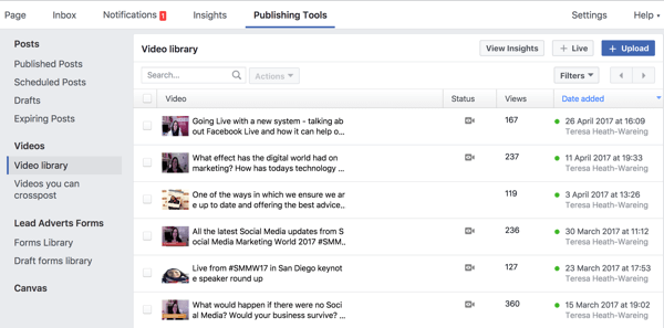 Μπορείτε να αποκτήσετε πρόσβαση στην πλήρη βιβλιοθήκη βίντεο του Facebook στην ενότητα Εργαλεία δημοσίευσης.