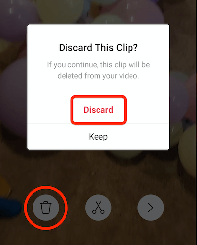 επιλογή μενού κάδου απορριμμάτων για απόρριψη ενός κλιπ από τον κύλινδρο του instagram