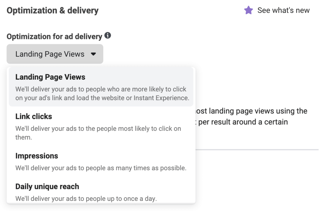εικόνα της αναπτυσσόμενης λίστας Optimization for Ad Delivery στο Ads Manager