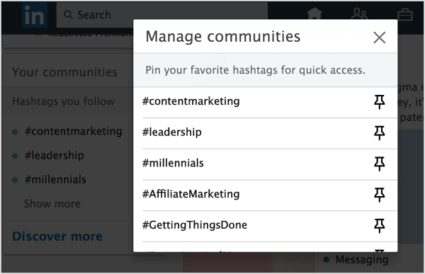Κάντε κλικ στο εικονίδιο καρφιτσώματος δίπλα στα hashtag του LinkedIn που θέλετε να προσθέσετε για να καρφιτσώσετε στη λίστα σας.