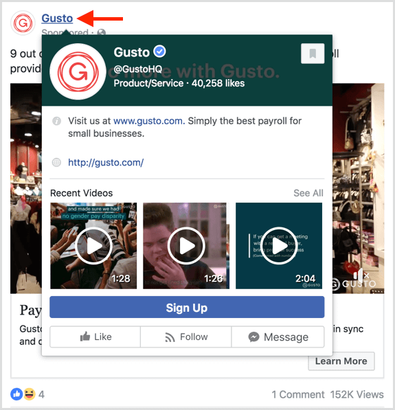 Οι χρήστες βλέπουν μια προεπισκόπηση όταν αιωρούνται πάνω από μια σελίδα σε διαφημίσεις στο Facebook.