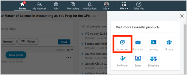 Στην αρχική σελίδα του LinkedIn, κάντε κλικ στην επιλογή Εργασία και επιλέξτε Διαφήμιση.