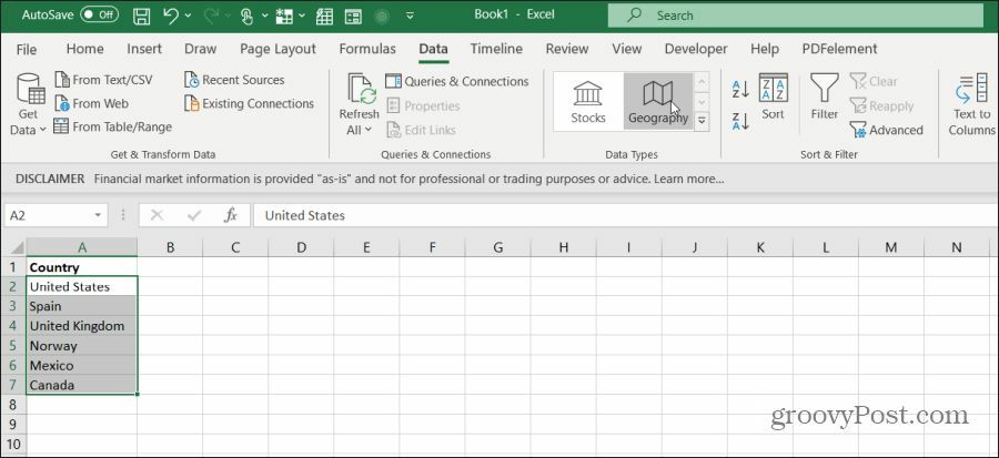 επιλέξτε χώρες στο Excel