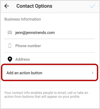Προσθέστε μια επιλογή κουμπιού δράσης στην οθόνη Επιλογές επαφής Instagram