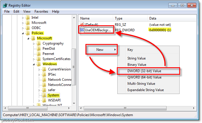 περιηγηθείτε στο κλειδί μητρώου των Windows 7 HKEY_LOCAL_MACHINESOFTWAREPoliciesMicrosoftWindowsSystem