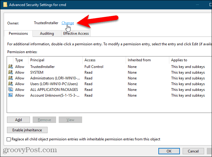 Κάντε κλικ στο σύνδεσμο Αλλαγή για τον κάτοχο ενός κλειδιού στο μητρώο των Windows