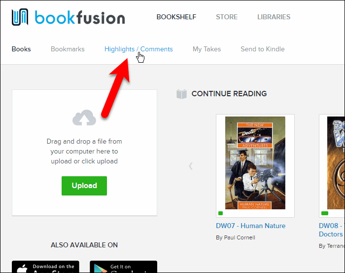Κάντε κλικ στην επιλογή Κύρια σημεία / Σχόλια στη διεπαφή ιστού BookFusion