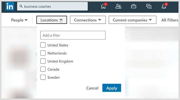 Η σελίδα αποτελεσμάτων αναζήτησης LinkedIn έχει φίλτρα για συνδέσεις τοποθεσίας και εταιρεία.