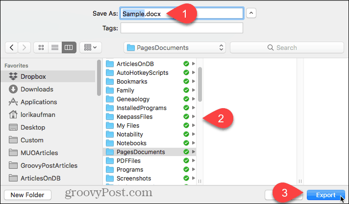 Επιλέξτε θέση για το εξαγόμενο αρχείο και κάντε κλικ στην επιλογή Εξαγωγή σε Σελίδες για Mac