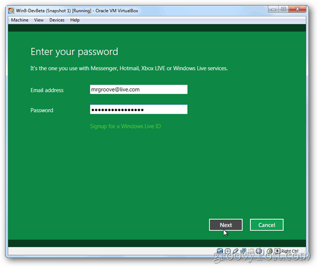 VirtualBox Windows 8 σύνδεσμο live ID