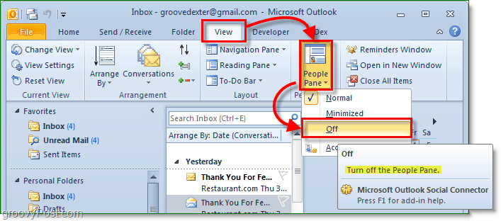 πώς να απενεργοποιήσετε το παράθυρο ατόμων στο Microsoft Office Outlook 2010