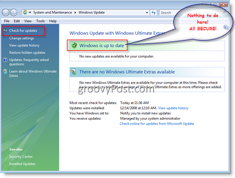 Μενού του Windows Update για Windows Vista