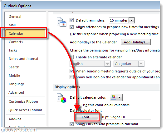 Πώς να αλλάξετε τη γραμματοσειρά του Outlook 2010 Calendar Navigator