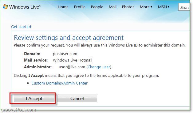 ελέγξτε και αποδεχτείτε τη συμφωνία των όρων ηλεκτρονικού ταχυδρομείου με το ζωντανό τομέα των Windows