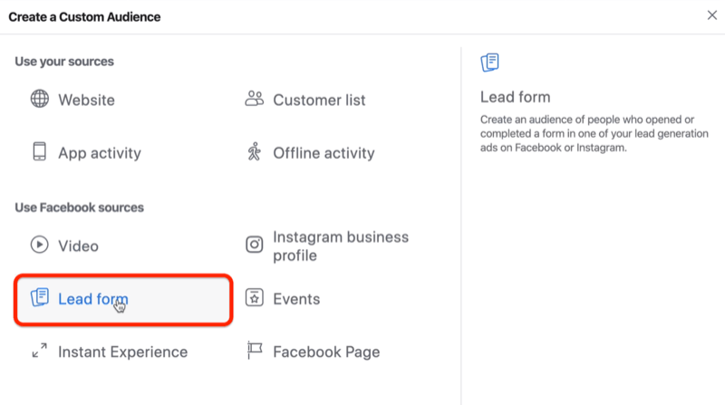 Επιλογή Lead Form για προσαρμοσμένο κοινό στο Facebook