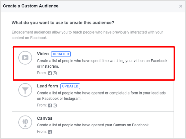 Επιλέξτε την επιλογή αφοσίωσης βίντεο για το προσαρμοσμένο κοινό σας στο Facebook.