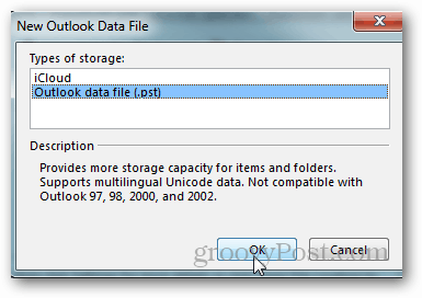 πώς να δημιουργήσετε το αρχείο pst για το Outlook 2013 - κάντε κλικ στο αρχείο δεδομένων προοπτικής